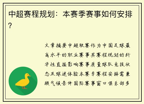 中超赛程规划：本赛季赛事如何安排？