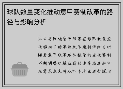 球队数量变化推动意甲赛制改革的路径与影响分析